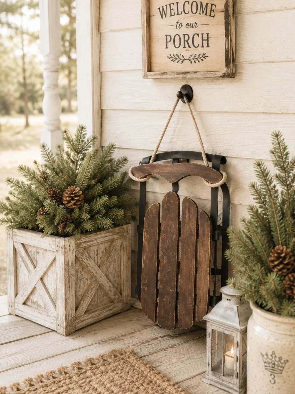 Vintage Rustic Primitive Wooden Snow Sled With Rope Porch Decor